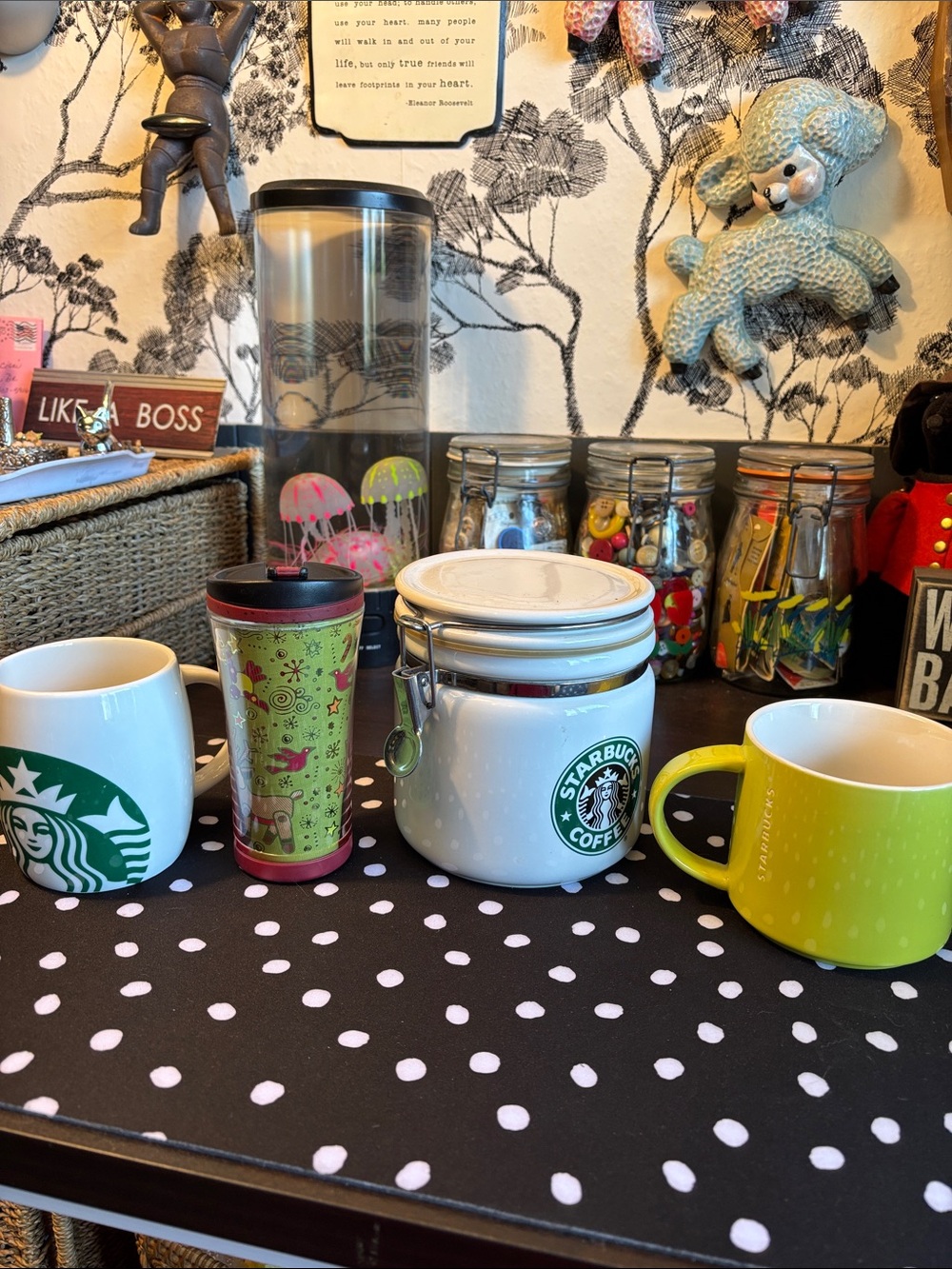 EUC STARBUCKS BUNDLE. One porcelain Canister, two Coffee cups and a kids to go c